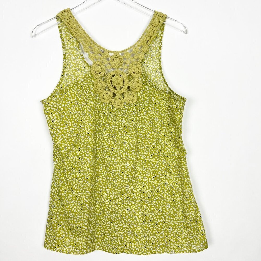 Vintage DCC Missy Tank Top Size S Green Micro Floral Print Crocheted Camisole
